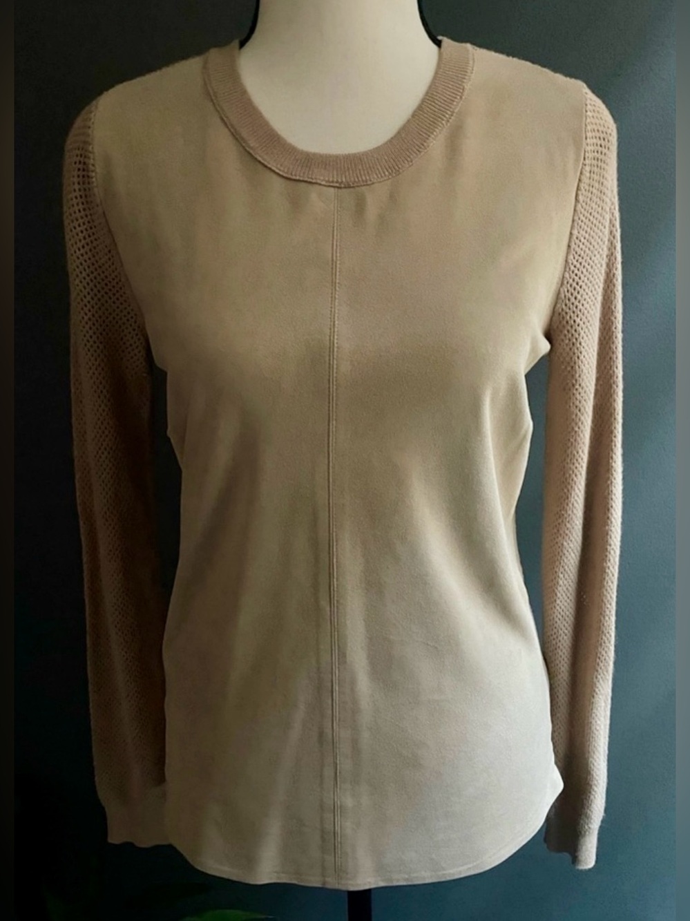 Etcetera Tan Mesh Sleeve Top Faux Leather Front Panel XS